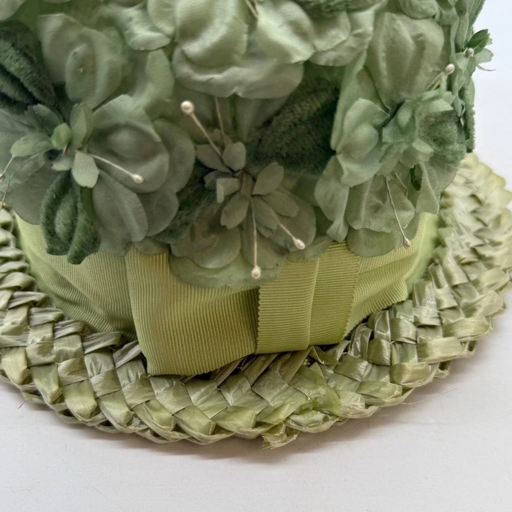 VTG Wilk's Green Floral Straw Pillbox Hat Original Box Mid Century union 50s 60s